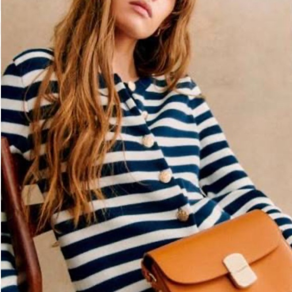 Sezane Striped Navy and White Cardigan with gold buttons Size L